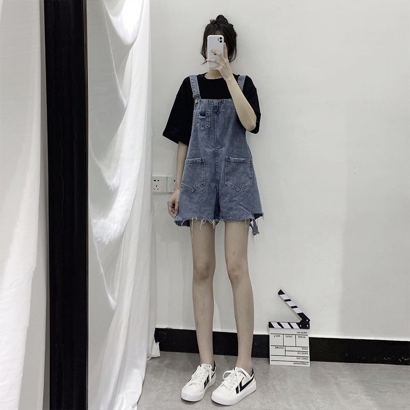 ▧❄Mùa hè 2020 phong cách mới quần short denim Hàn Quốc dành cho nữ sinh với cạp cao và yếm rộng rãi có lỗ để giả