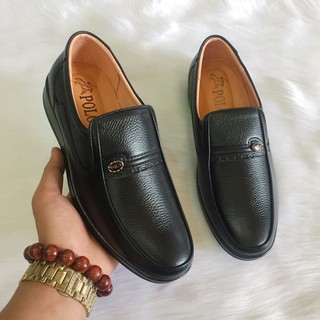 Giầy lười ông già trung niên da bò đen trơn