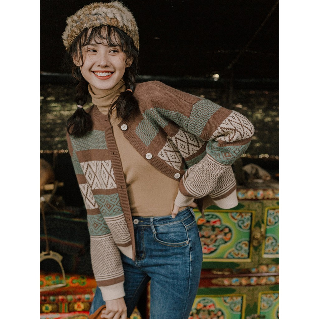 ÁO CADIGAN LEN BOHO HỌA TIẾT MÀU NÂU TÂY RETRO