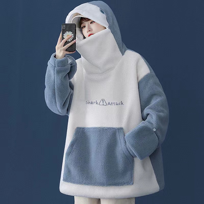 Áo Hoodie Giữ Ấm Phối Nón Cá Mập Phong Cách Hàn Quốc Cho Nam
