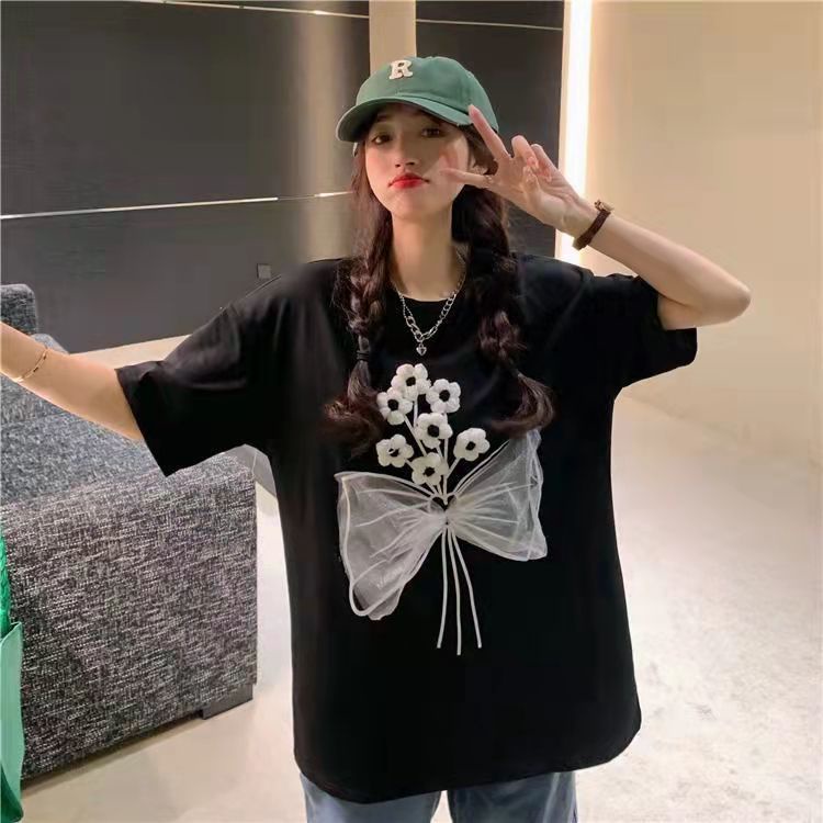 Áo Thun Unisex Tay Ngắn Dáng Rộng Bằng Cotton Nguyên Chất 2022 In Họa Tiết Hoa Bướm Ba Chiều Phong Cách Mới