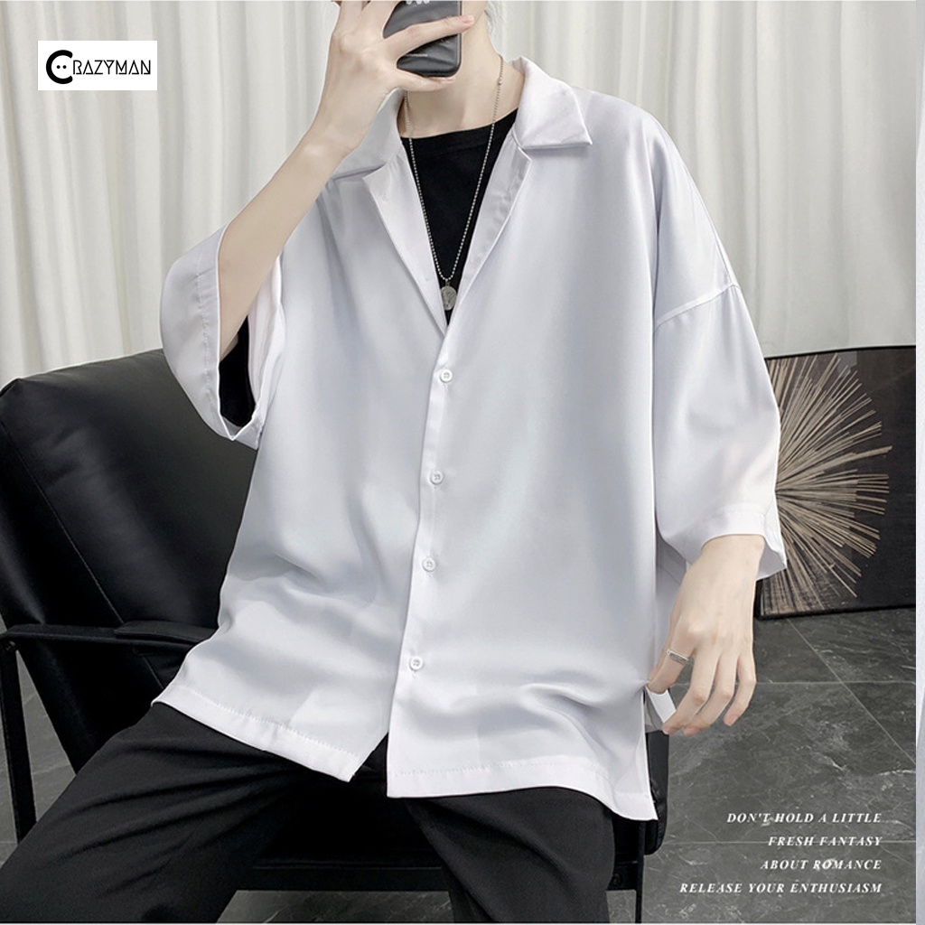 Áo sơ mi cổ vest unisex tay lỡ, áo sơ mi tay ngắn nam nữ form rộng chất vải lụa mịn chống nhăn