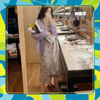 (Sp sẵn) SET ÁO SƠ MI VOAN MỎNG TÍM + VÁY MAXI 2 DÂY HOA TÍM PASTEL - VÁY HOA TÍM CHUN EO MIX ÁO KHOÁC GIẤY