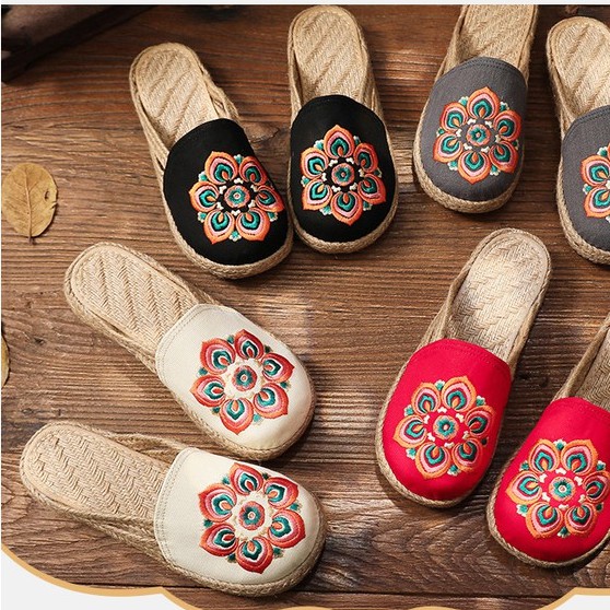 Dép cói phong cách vintage vải canvas thêu hoa lá thổ cẩm đế cao su bền đẹp dễ phối đồ