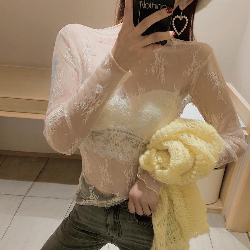 Áo khoác ren cổ cao tay dài áo dài thích hợp mặc mùa xuân với voan khoét lỗ cho nữ