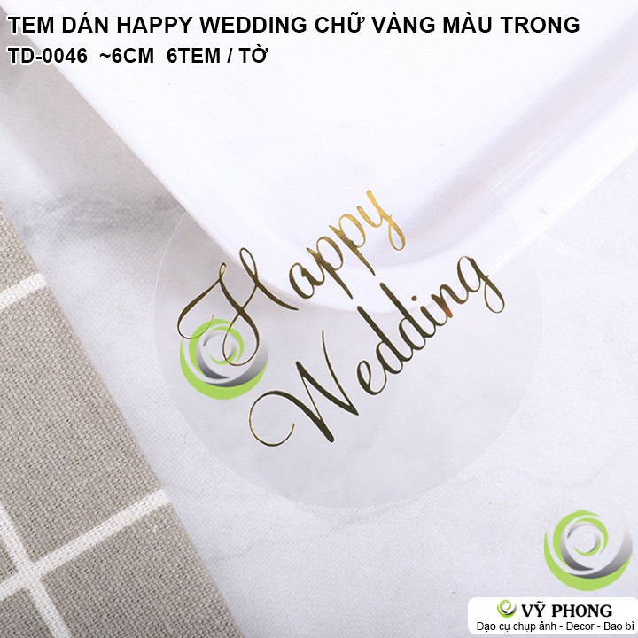 TEM DÁN TRÒN STICKER NHÃN DÁN HAPPY WEDDING TRANG TRÍ NIÊM PHONG BAO BÌ HỘP QUÀ BÁNH KẸO TD-0046