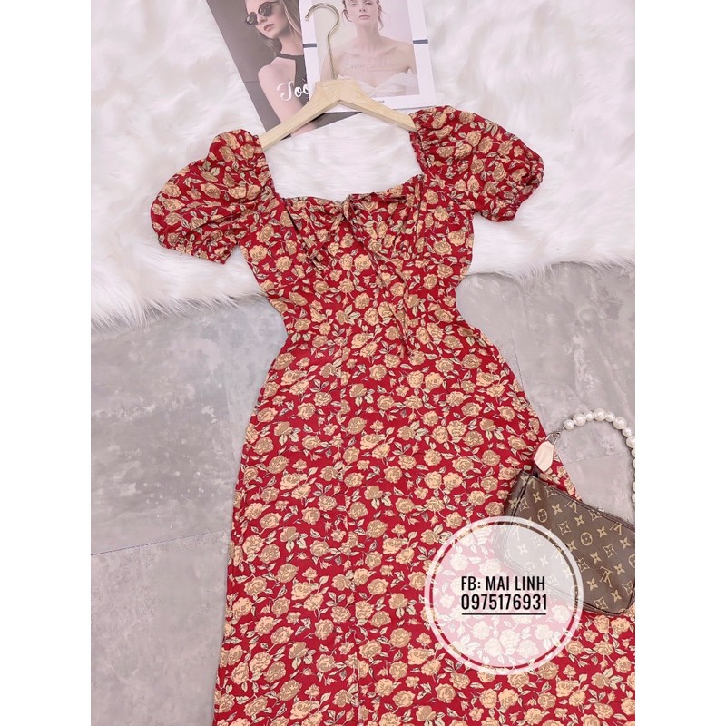 ⚡️BÁN SỈ⚡️Đầm hoa đỏ vintage cổ vuông xẻ chân | BigBuy360 - bigbuy360.vn
