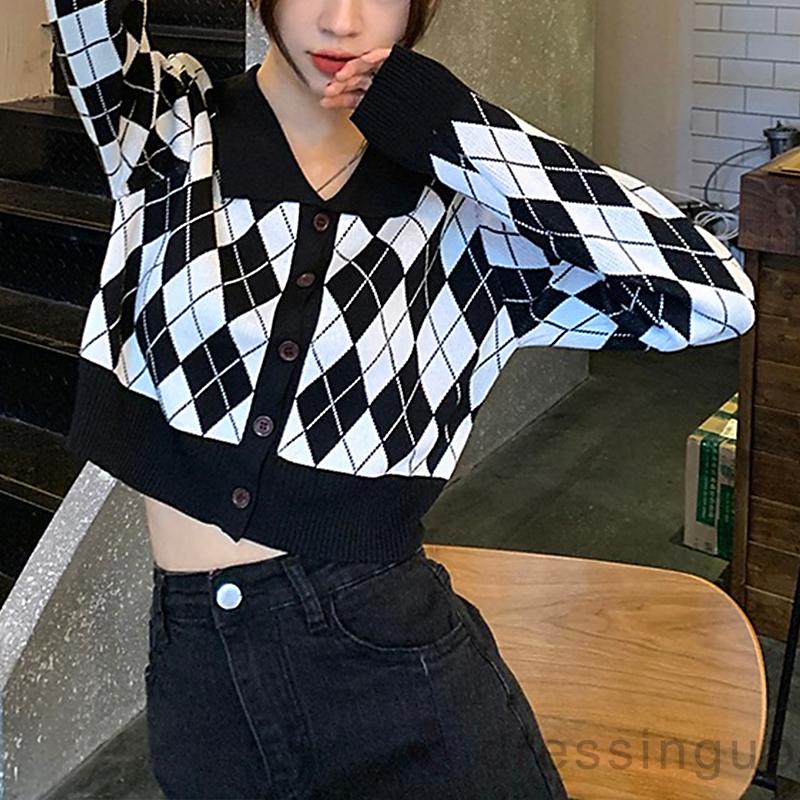 Áo sweater tay dài cổ bẻ phối nút đính đá thời trang cho nữ