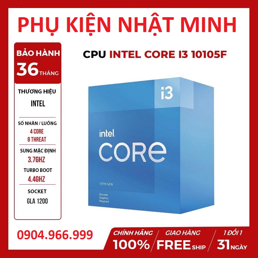 [FULL BOX CHÍNH HÃNG] Bộ vi xử lý CPU Intel Core i3 - 10105F 4C/8T ( 3.7GHz up to 4.4GHz, 6MB ) - Bảo hành 36 tháng | WebRaoVat - webraovat.net.vn