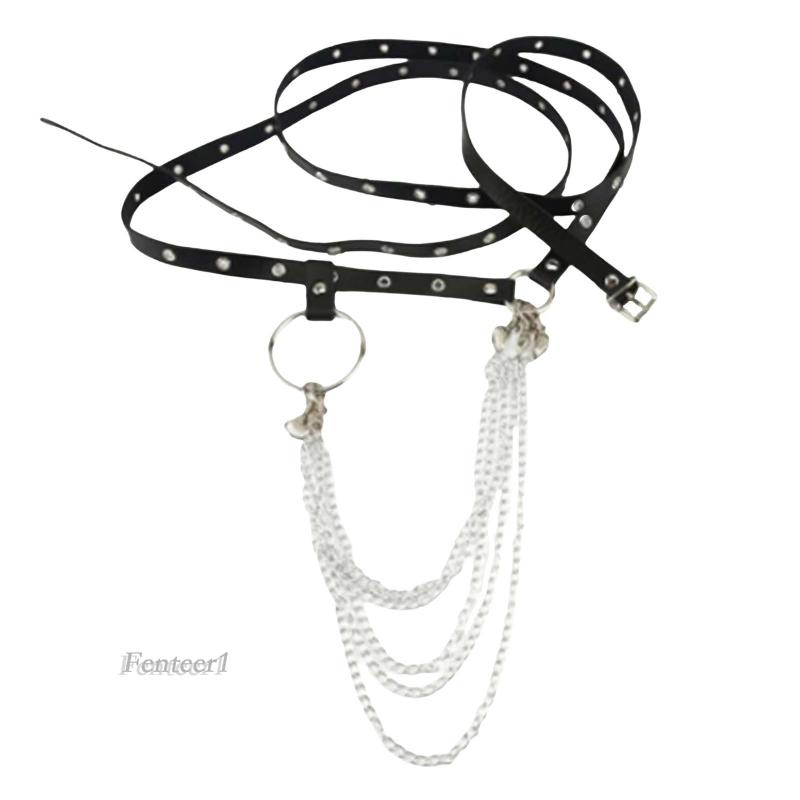 [Fenteer1] Vòng Đeo Cơ Thể Bằng Da PU Phối Dây Xích Kim Loại Tua Rua Thoải Mái Phong Cách Punk Cho Nữ