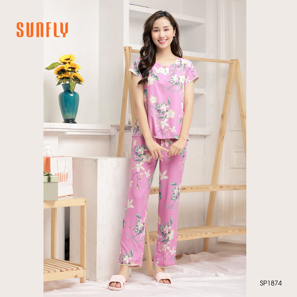 Đồ bộ mặc nhà lanh SUNFLY Xuân Hè áo cộc quần dài SP1874