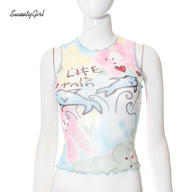 Áo Tank Top Cổ Tròn In Họa Tiết Hoạt Hình Dễ Thương Thời Trang 2022 Cho Nữ