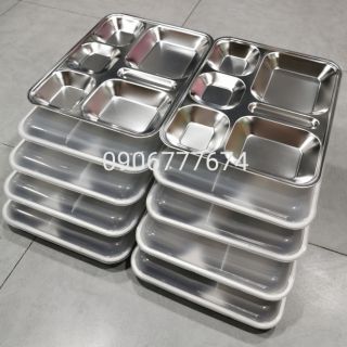 Combo 10 khay inox đựng cơm 6 ngăn có nắp nhựa (ngăn tăm)