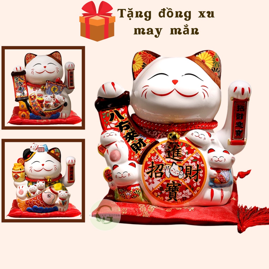 Mèo Thần Tài May Mắn Vẫy Tay Chiêu Tài Lộc Gốm Sứ Cao Cấp 20cm