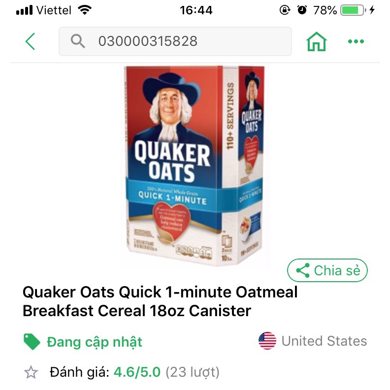 (Auth) Thùng nguyên Seal yến mạch QUAKER OATS Quick 1 minute 4.53kg (Date 5/2022) NHẬP KHẨU USA