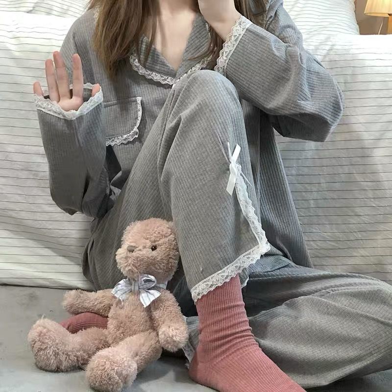 Bộ đồ ngủ tay dài phối ren phong cách Nhật Bản và Hàn Quốc hàng kiểu mới