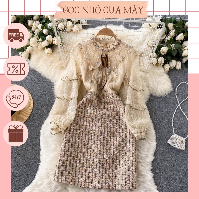Váy ren voan mix dạ tweed cao cấp phong cách Pháp sang trọng GNCM