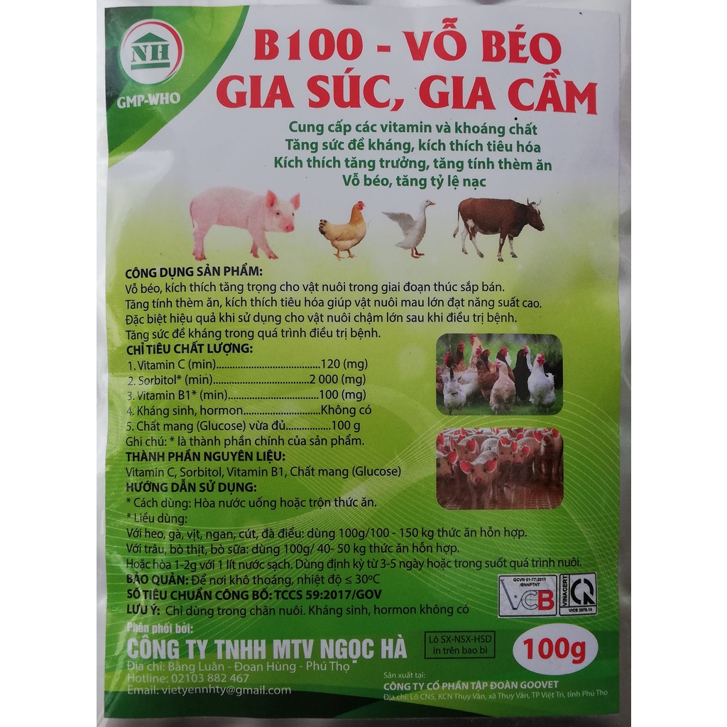 1 gói 100g B100 Dùng vỗ béo cho gia súc, gia cầm của công ty Ngọc Hà