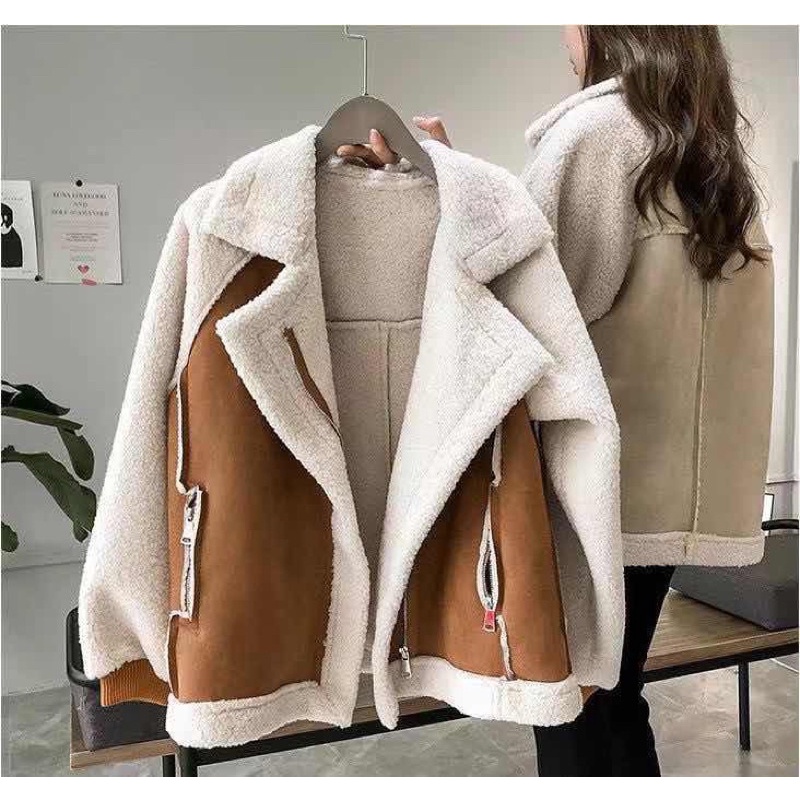 [HÀNG SẴN]ÁO KHOÁC JACKETS DA LỘN CHẦN BÔNG HÀNG QUẢNG CHÂU