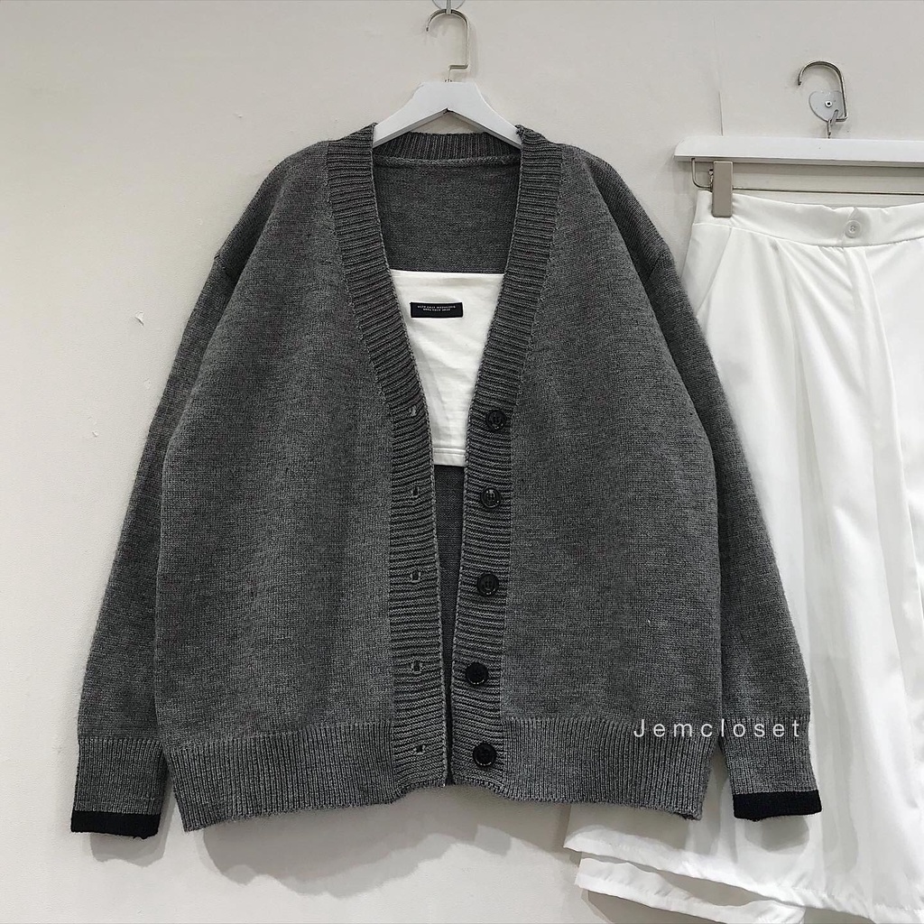 Áo Khoác Len JEM CLOSET Style Thu Đông Áo Khoác Nữ Form Rộng MOJI Cài Cúc 2 Màu Xám Đen Phong Cách Hàn Dễ Thương 1836