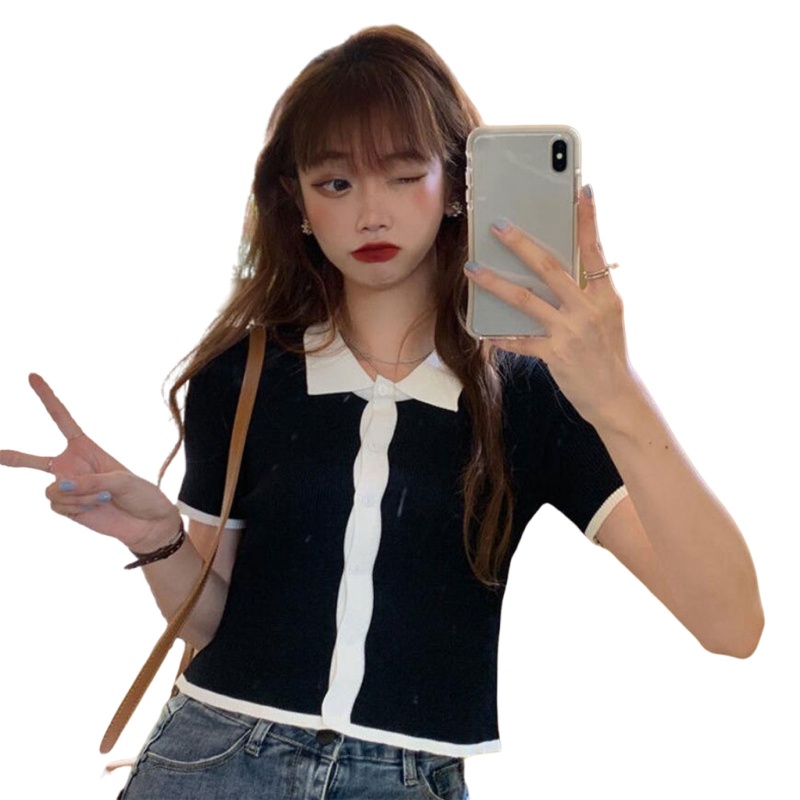 Brroa Áo Cardigan Dệt Kim Ngắn Tay Cài Nút Phối Màu Xinh Xắn Cho Nữ