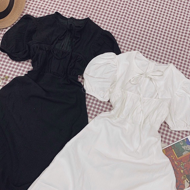 Đầm chữ A khoét cổ cột dây 2 màu basic