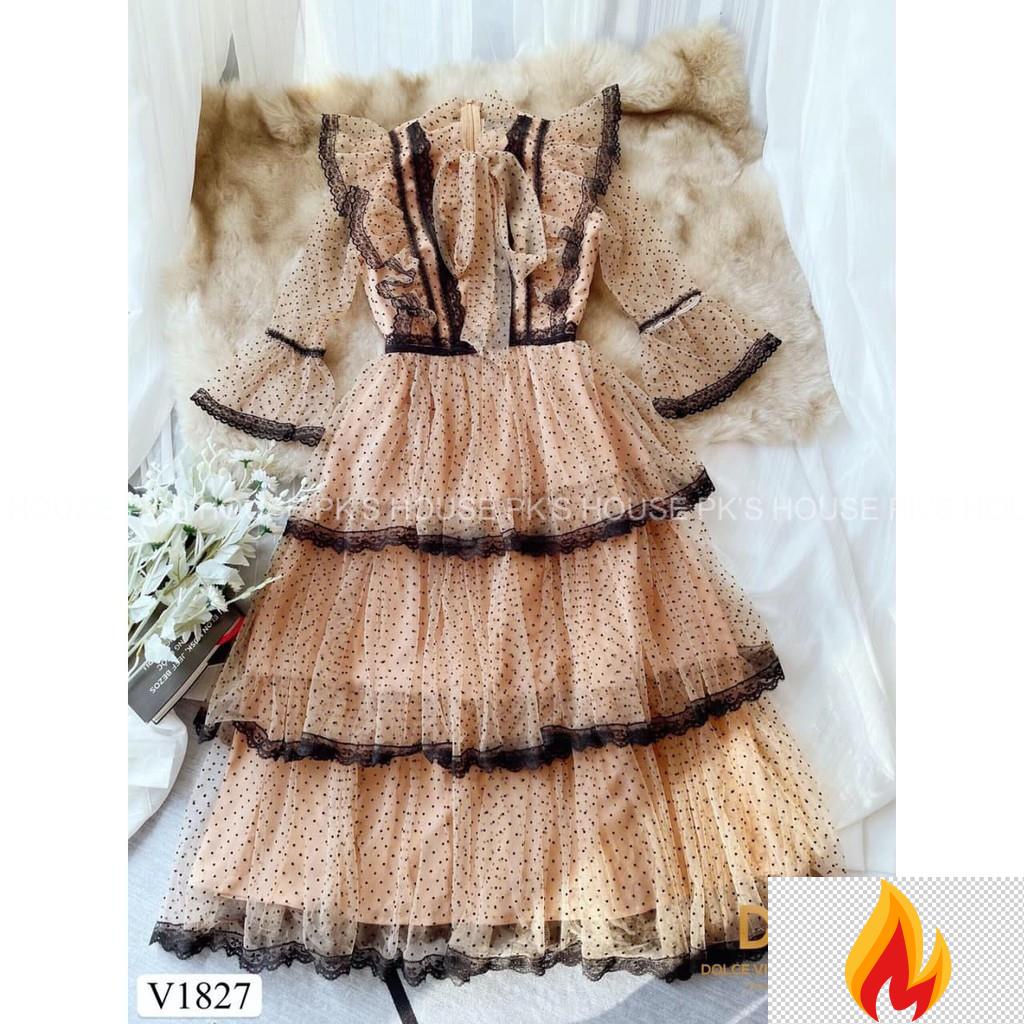 Váy Thiết Kế Dáng Xoè Be Chấm Bi Phối Ren Xếp Tầng V1827, Đầm Công Chúa Cao Cấp - PK Official hfZ1