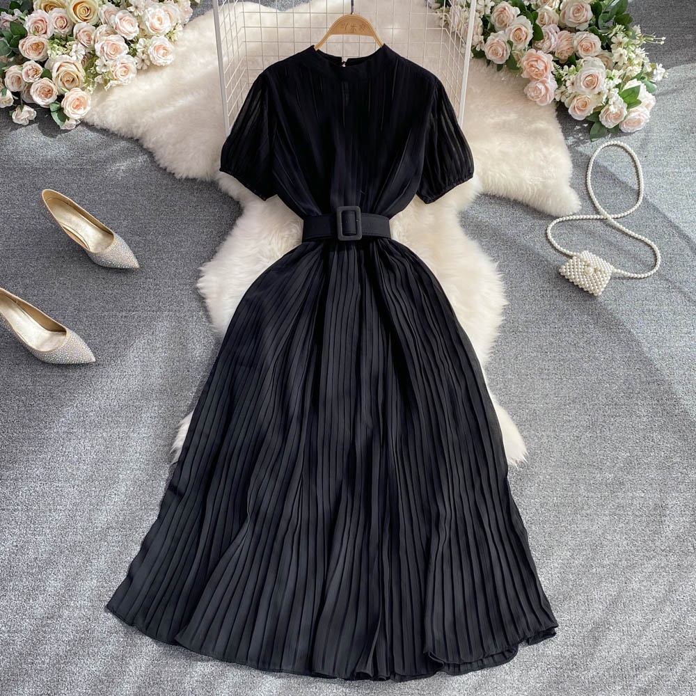 Đầm nhẹ nhàng gió cổ tròn eo xếp ly một đường váy nữ siêu tiên rừng ngọt ngào tình yêu đầu