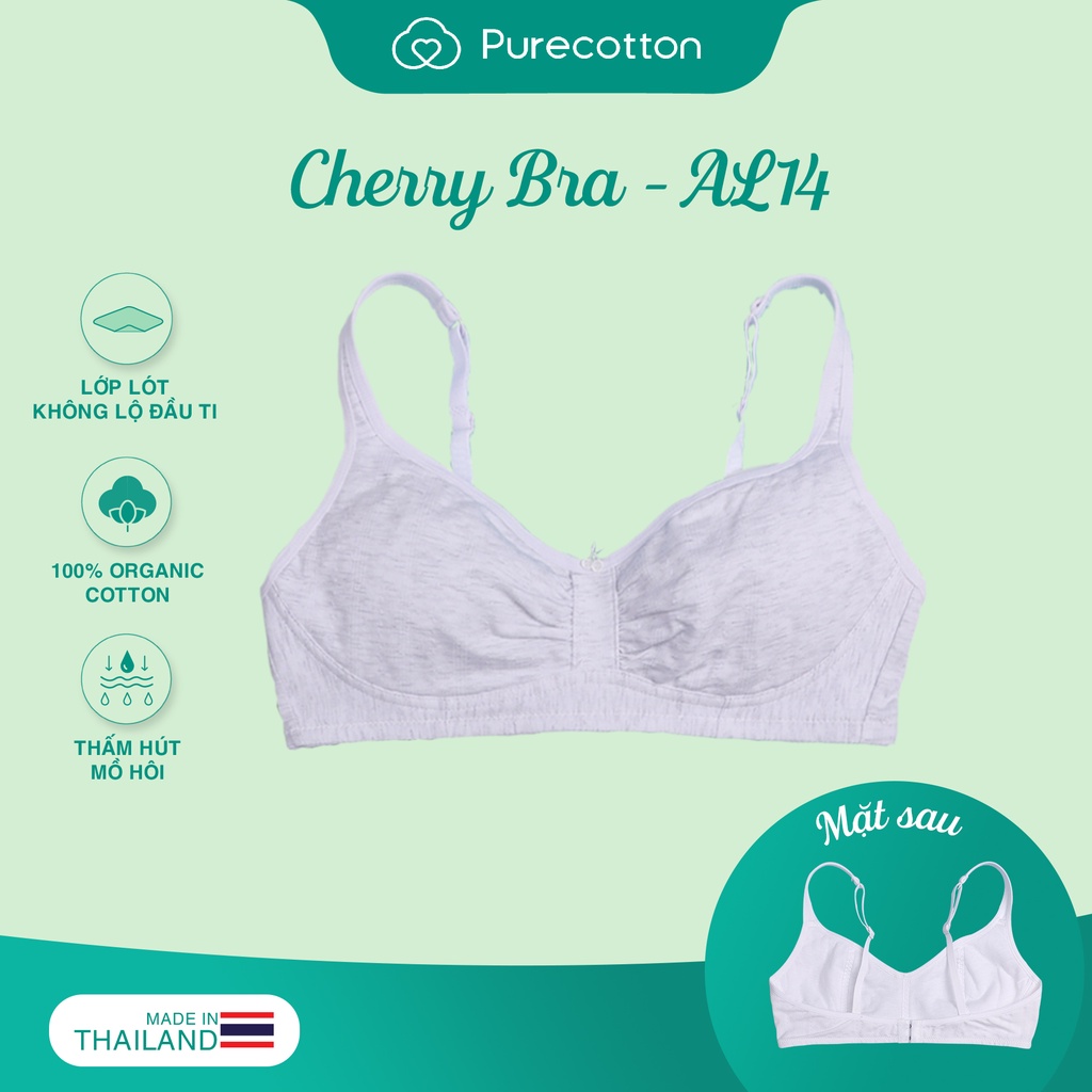 Áo lót học sinh Cherry Bra Purecotton bề mặt vải thoáng khí cho bé gái mới lớn kiểu dáng cài sau không đệm PC068