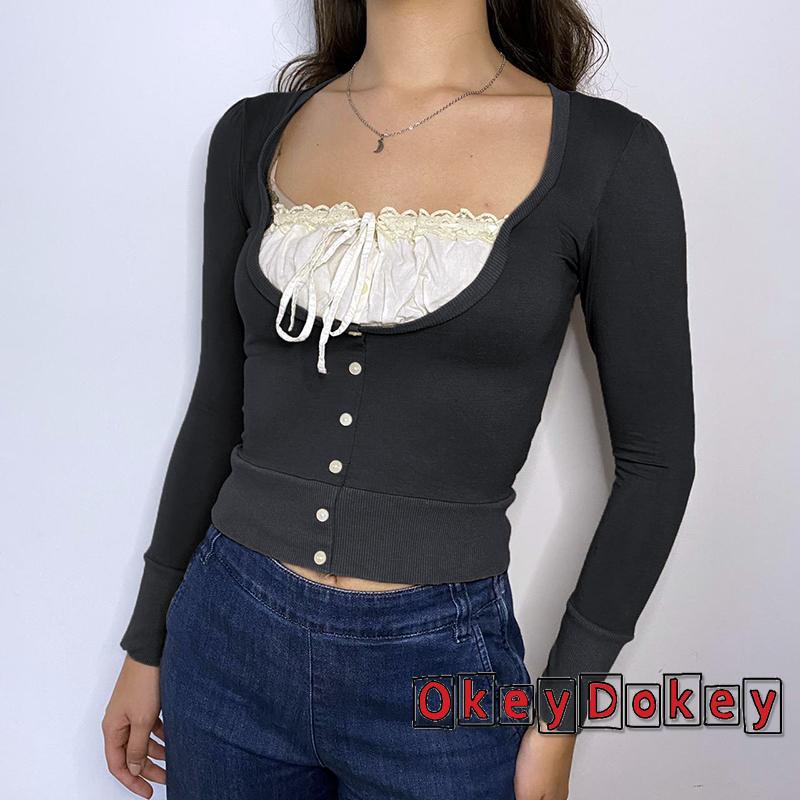 Áo thun tay dài dáng ôm phối dây buộc phía trước cho nữ