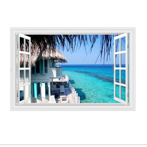 Decal trang trí cửa sổ 3D cảnh biển size 60x90cm
