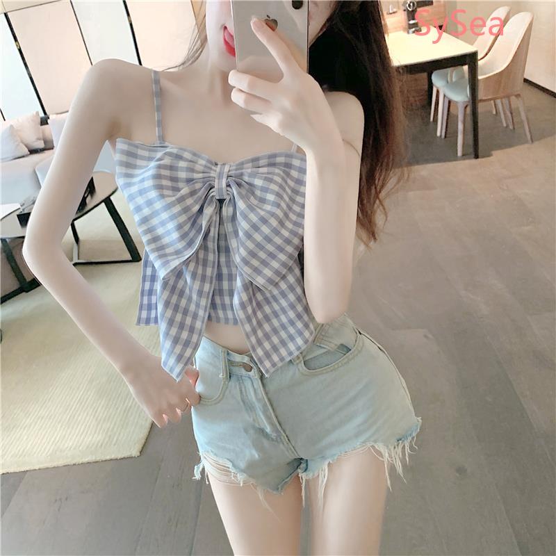 Áo Croptop Hai Dây Thắt Nơ Kẻ Sọc Caro Xinh Xắn Cho Nữ