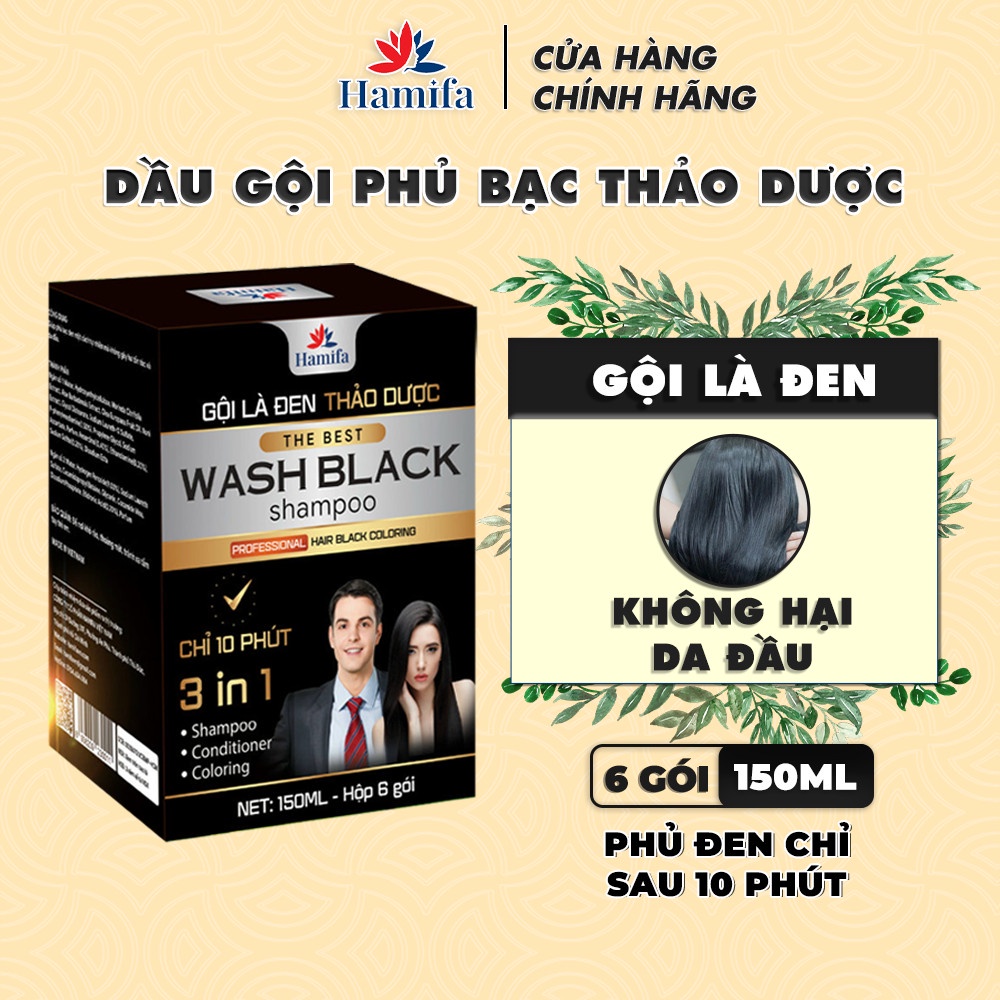 Dầu Gội Phủ Bạc Hamifa Dầu Gội Thảo Dược Nhuộm Tóc Gội Màu Đen Trong 5 phút  - Hộp 6 Gói 25ml