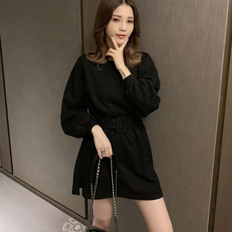 Đầm tay dài cổ tròn màu trơn phong cách Hàn Quốc