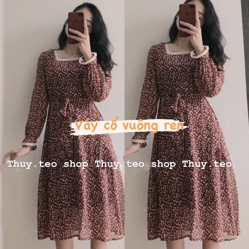 Váy hoa nhí dài tay cổ ren - Đầm hoa nhí style ullzang vintage xinh xắn