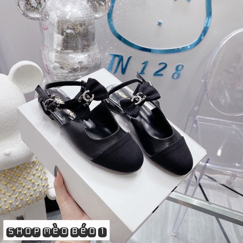 Sandal cn mũi đen quai nơ ngang đế bằng fullbox