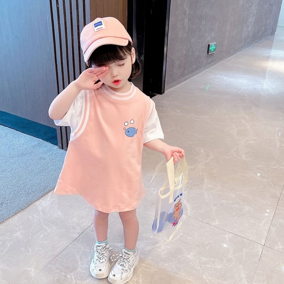 Đầm thun cotton tay ngắn thiết kế mới thời trang mùa hè theo phong cách Hàn Quốc dành cho bé gái