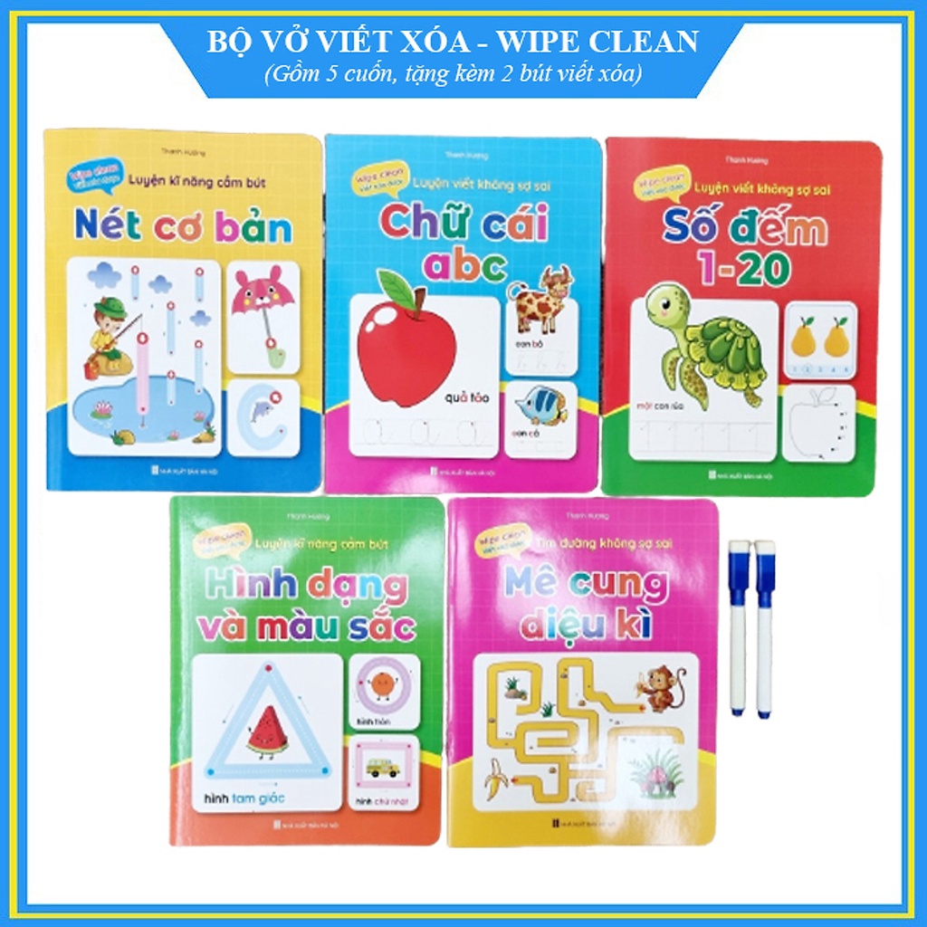 Sách :Bộ vở viết xóa được 5 quyển - Tặng kèm 2 bút viết xóa màu ngẫu nhiên - Wipe clean