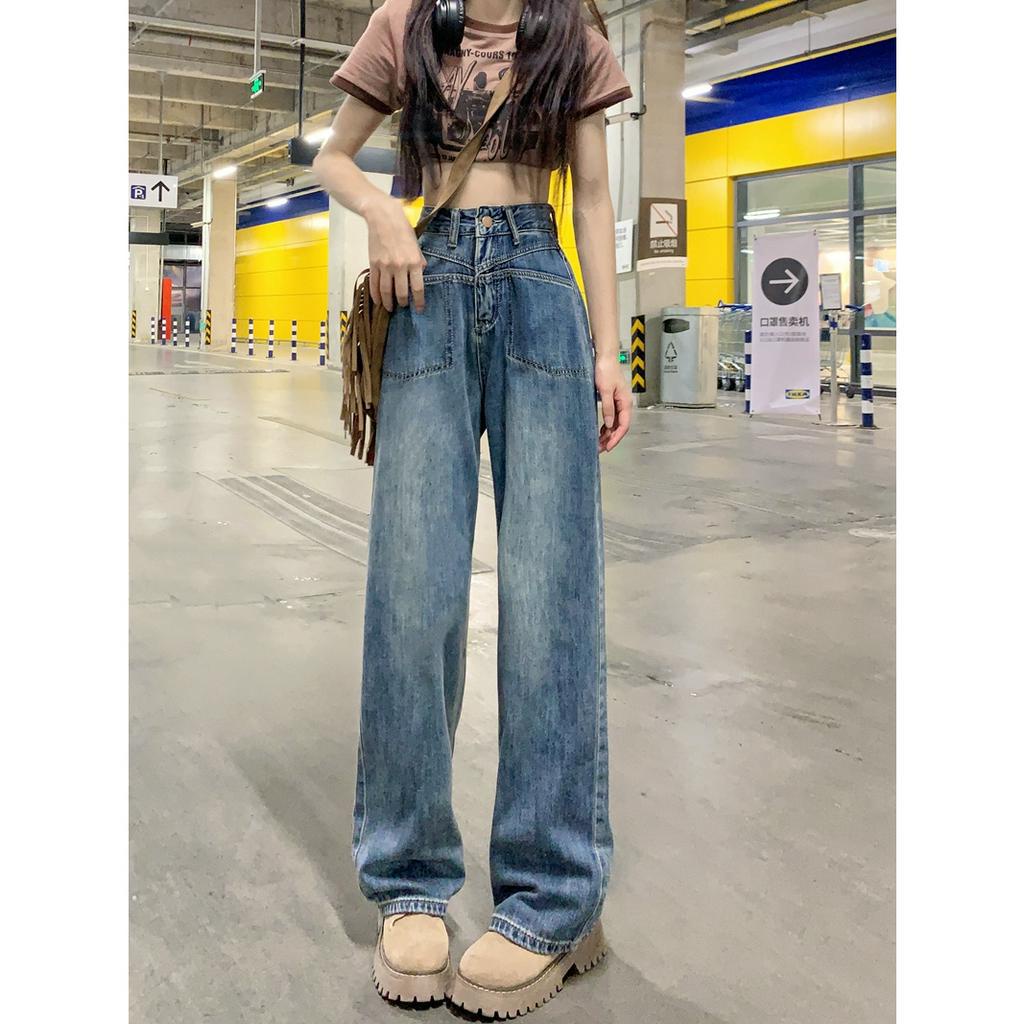 SELVZE Quần jeans Nữ Lưng Cao Ống Rộng Thời Trang Cá Tính
