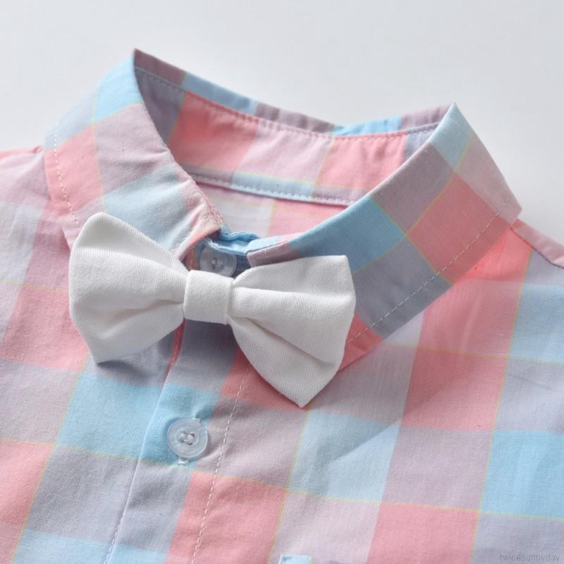 Set áo sơ mi caro + quần short + dây nơ đeo cổ dễ thương cho bé trai