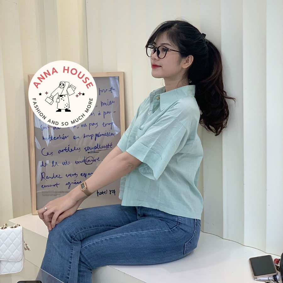 Áo sơ mi nữ cổ đức tay ngắn dáng croptop form rộng chất đũi xước 2 túi dài, áo sơ mi nữ cộc tay gập dáng ngắn croptop