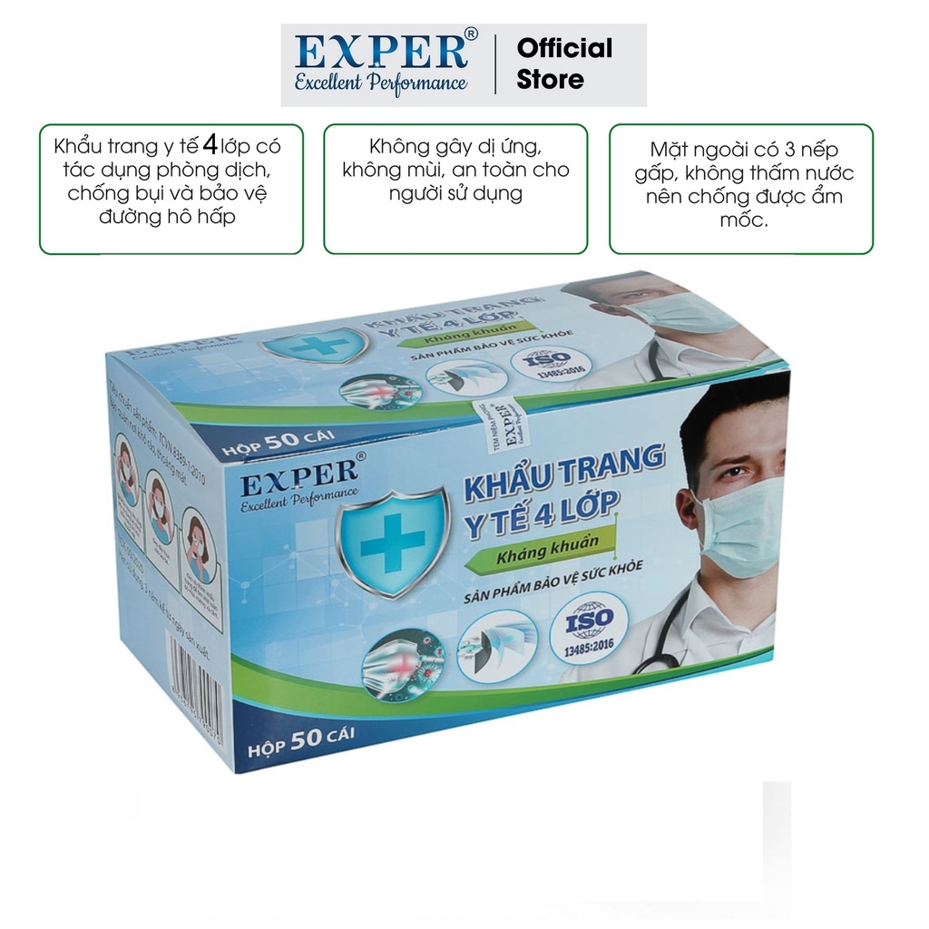 Khẩu trang y tế EXPER 4 lớp công nghệ Nhật loại khẩu trang y tế kháng khuẩn màu trắng màu xanh hộp 50 cái Exper Store