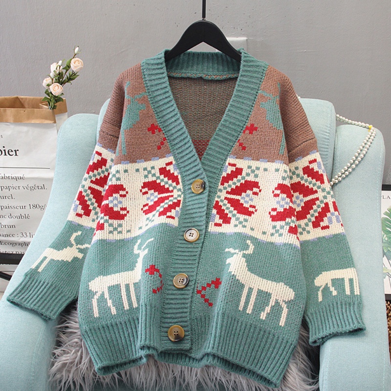 Áo khoác Cardigan dệt kim tay dài hoạ tiết tuần lộc phong cách Giáng sinh cho phái nữ