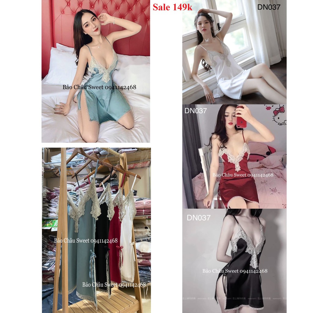 [Mã SMA071008 hoàn 10K xu đơn 0Đ] DN037-váy ngủ lụa xẻ tà (tặng kèm chíp)