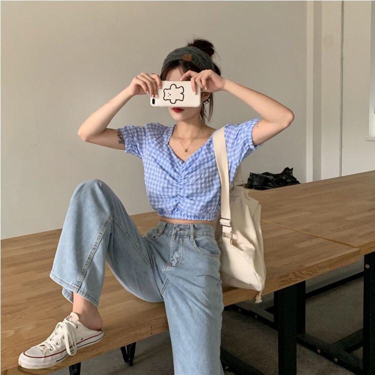 Daduhey Quần jean denim ống rộng lưng cao xinh xắn cho nữ