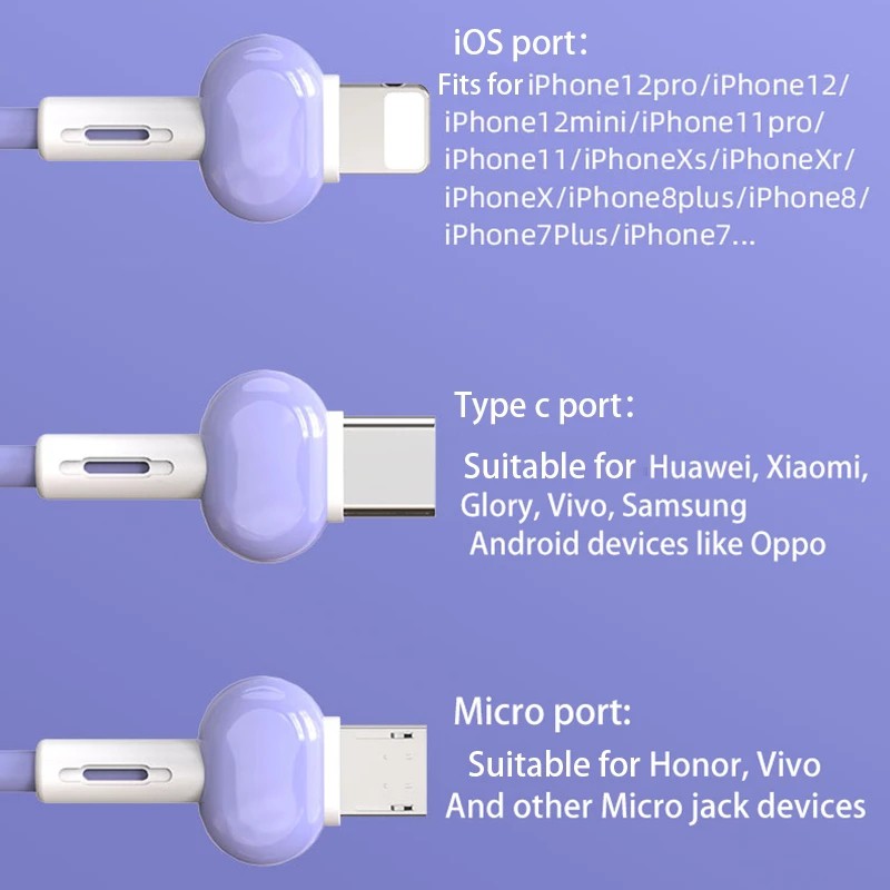 Bộ sạc cáp 3 in1 Micro USB loại C ngắn cho iPhone 11 12 Điện thoại di động Samsung Xiaomi Redmi Android Dây di động Nhiều móc khóa