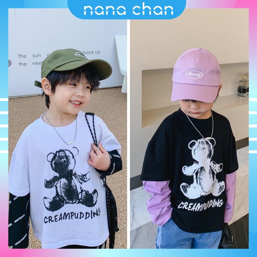 AB380 - Áo phông nối tay in hình gấu sz 100-150, cotton, phối màu, thời trang hàn quốc cho bé thu đông 2022