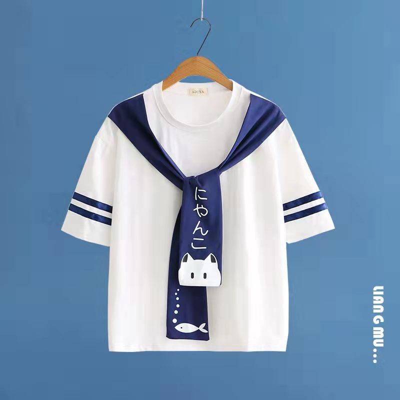 Áo thun cotton tay ngắn dáng rộng màu xanh navy phong cách Nhật Bản thời trang mùa hè cho nữ