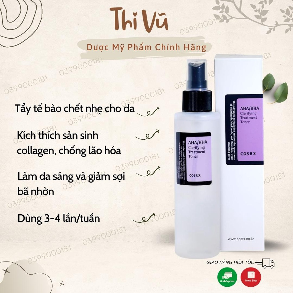 Nước hoa hồng Cosrx, nước cân bằng Cosrx, Toner AHA/BHA Clarifying Treatment 150ml - Thi Vũ