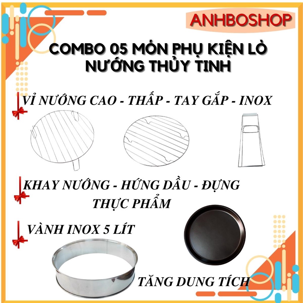 COMBO 05 phụ kiện lò nướng thủy tinh (vành inox 5 lít+ tay gắp inox+ khay nướng+ vỉ nướng thấp inox+ vỉ nướng cao inox)